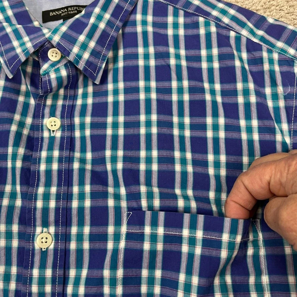 Banana Republic Button Down Shirt Mens Large Purple Plaid Long Sleeve Flip Cuffs